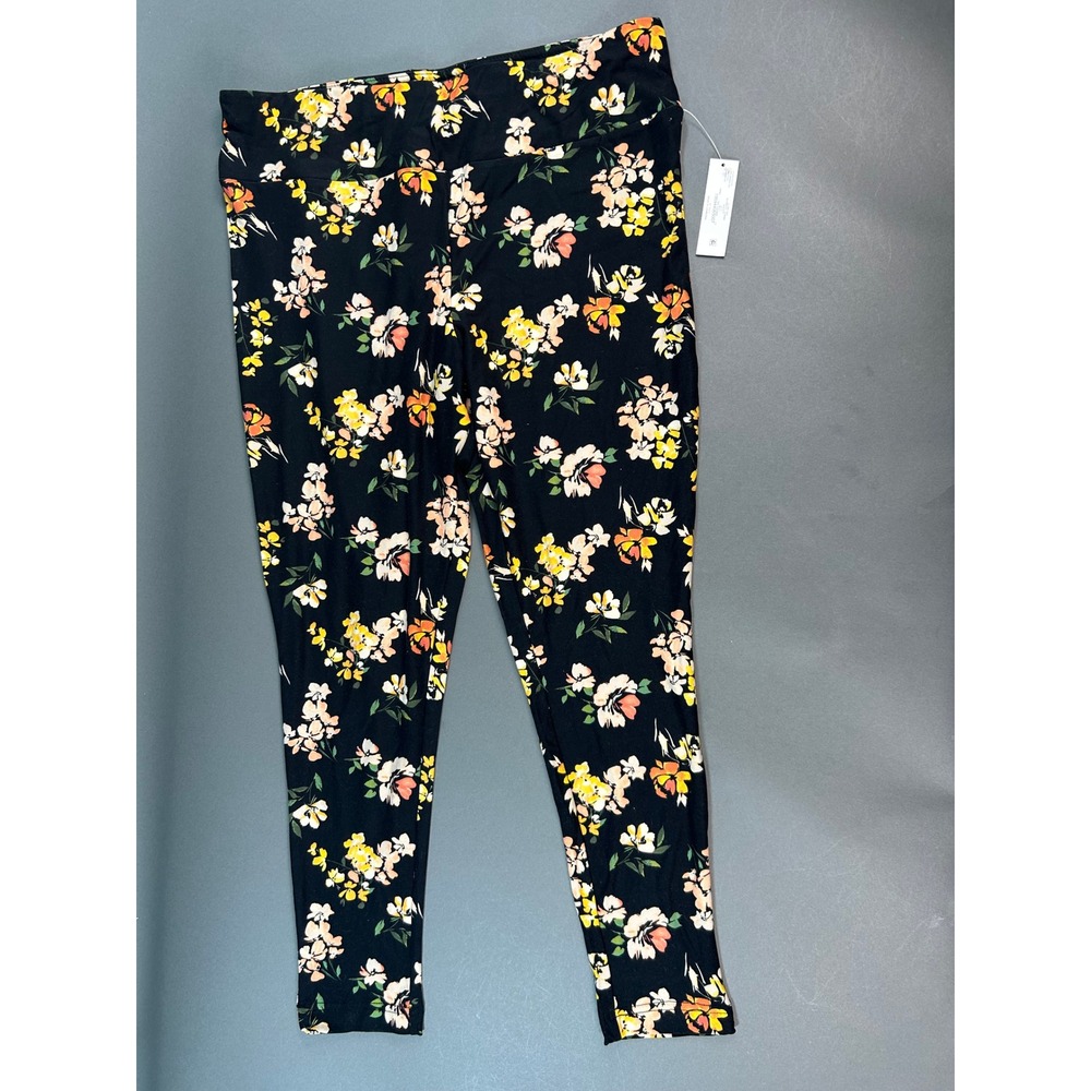 Terra & Sky Black Floral High Rise Leggings Plus Size 1X 16W-18W Stretch Knit - Picture 2 of 9
